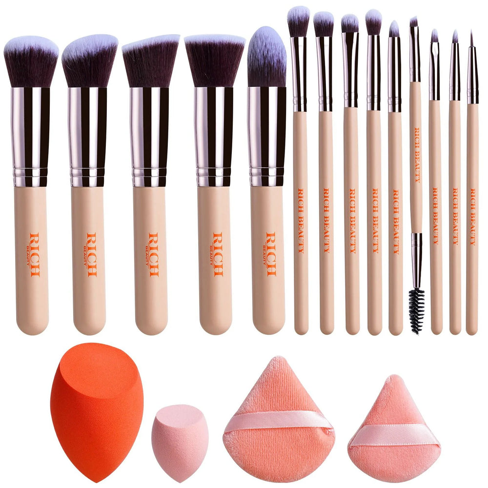 Rich Beauty Makeup Brush Set 14 Pc Set with 2 Beauty Blenders 2 Powder Puffs Included