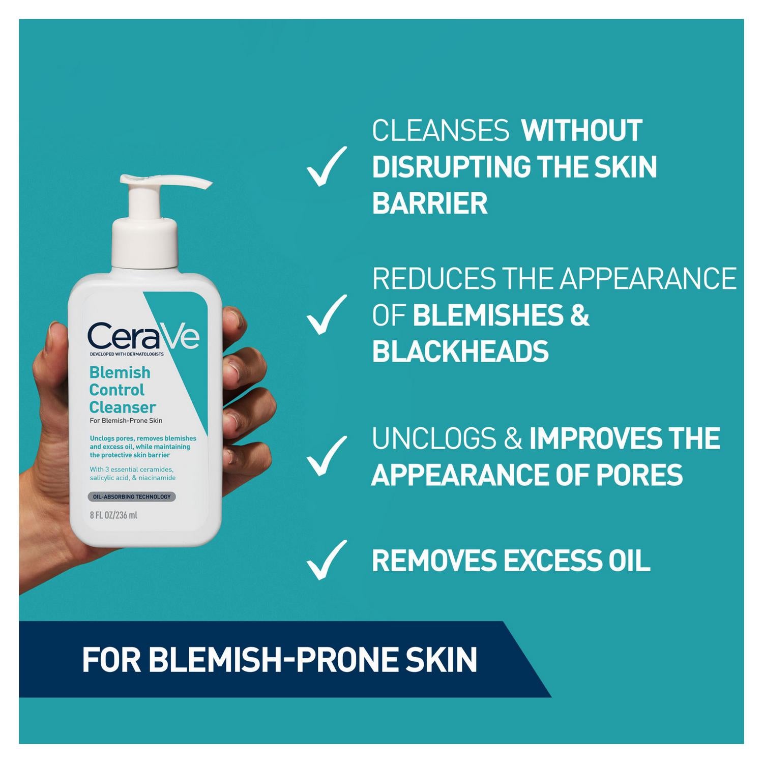 CeraVe Blemish Control Face Cleanser 473mls with 2% Salicylic Acid & Niacinamide for Blemish-Prone Skin