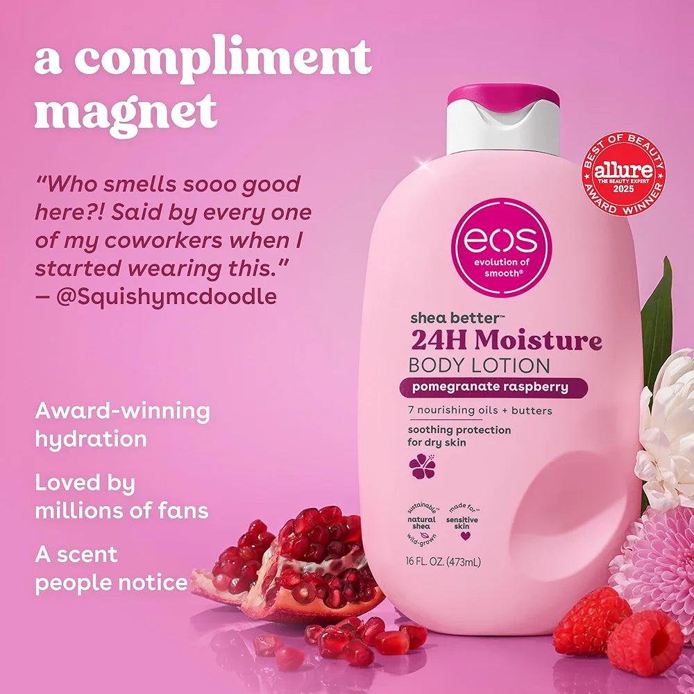Eos Shea Butter Body Lotion Pomegranate Raspberry, 24-Hour Moisture Skin Care, Lightweight & Non-Greasy, Natural Shea, Vegan 473ml