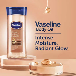 Vaseline Body Oil Intensive Care Cocoa Radiant Body Oil for Glowing skin Body Gel Oil made with Pure Cocoa Butter + Replenishing Oils 6.8 oz 200 ml